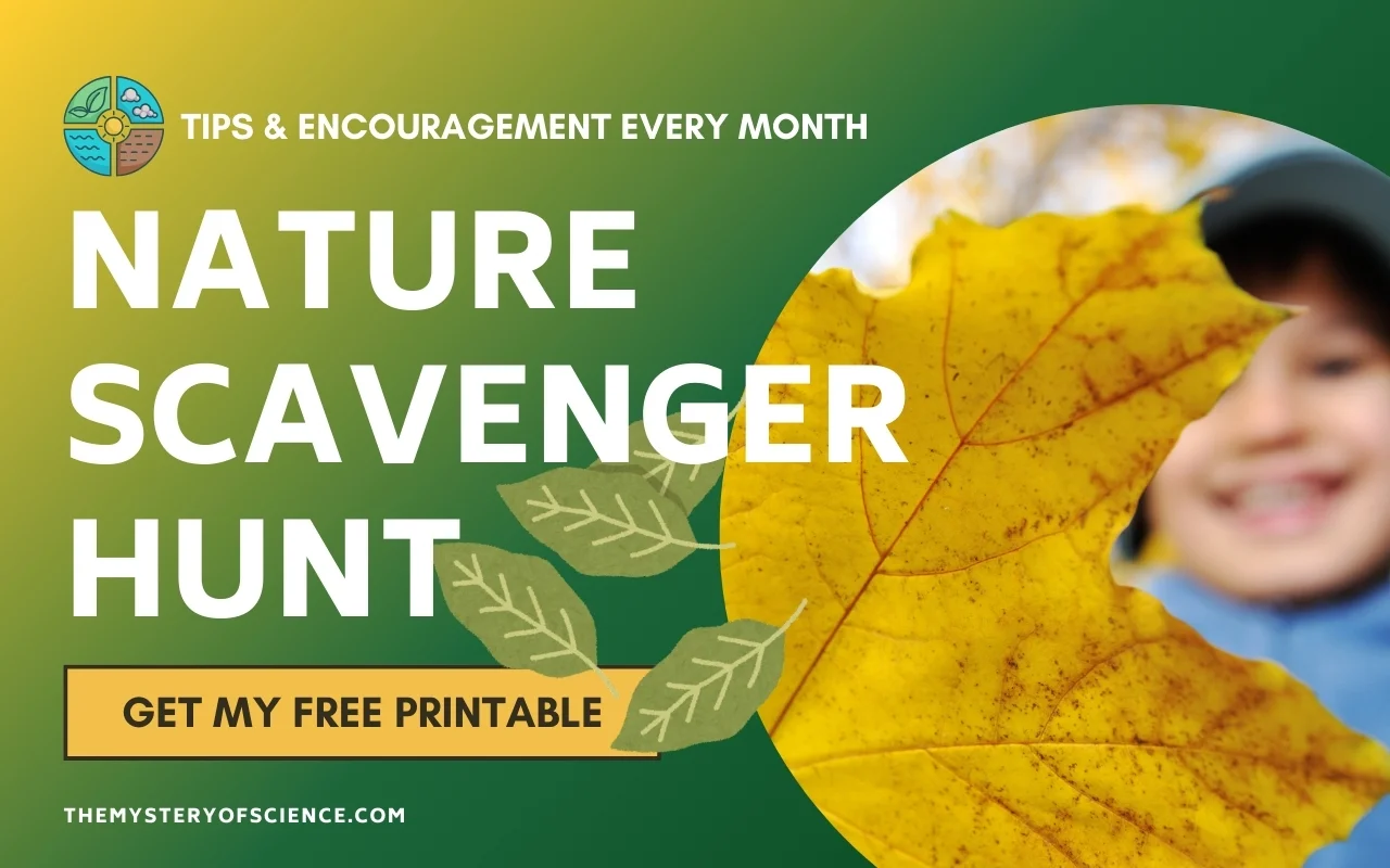 A promotional graphic for a "Nature Scavenger Hunt" featuring a large yellow leaf. Text reads "Tips & Encouragement Every Month" and "Get My Free Printable." A blurred face is partially visible in the background.