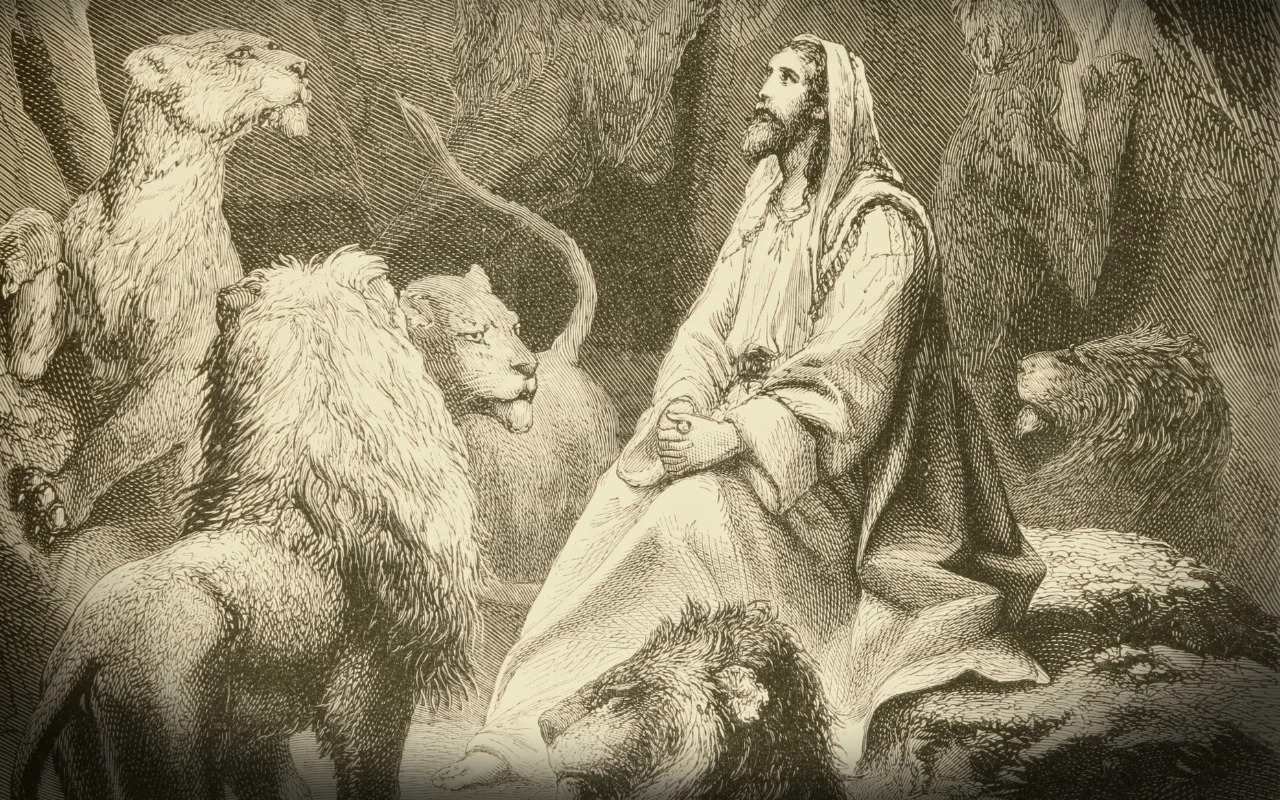 An illustration of a robed man sitting calmly among several lions in a cave, his hands clasped and looking upward, as if seeking guidance from the Christmas Star, suggesting a biblical or historical scene.