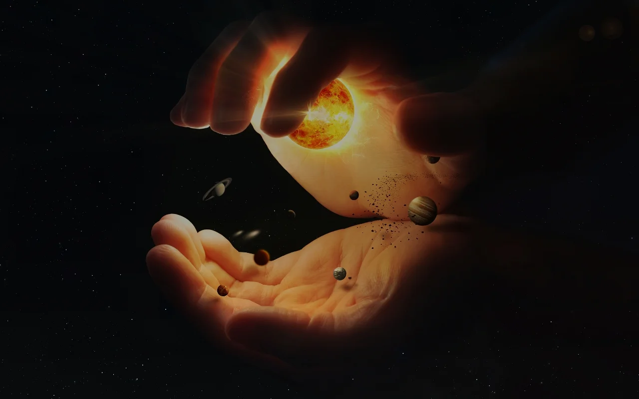 Hands cradle a glowing sun with miniature planets orbiting around it, symbolizing the solar system. The background is a dark, starry space, contrasting with the bright celestial bodies held gently within the hands.