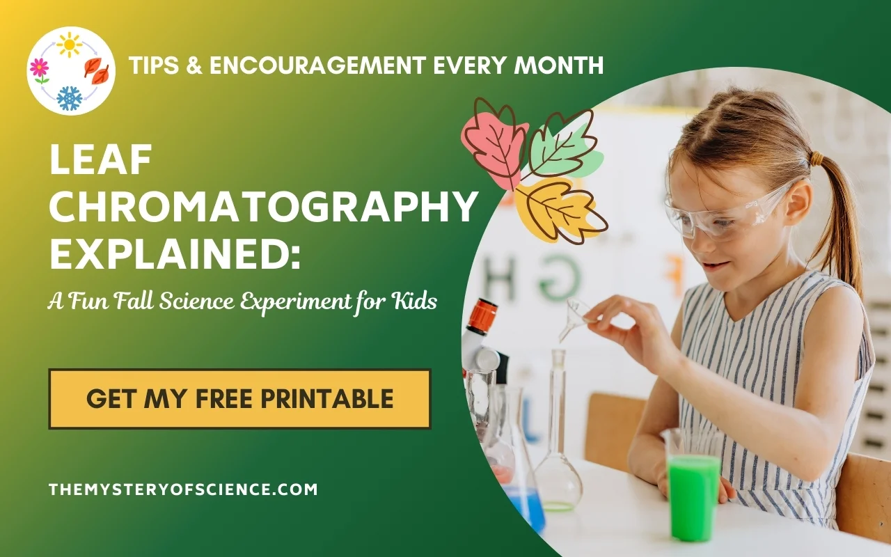 A young girl wearing safety goggles conducts a leaf chromatography experiment with colorful liquids. Text reads: “Leaf Chromatography Explained: A Fun Fall Science Experiment for Kids. Get my free printable and monthly tips.”.