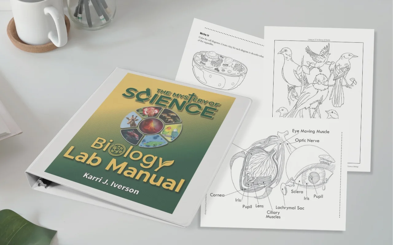 A biology lab manual titled "The Mystery of Science" rests on a table, sparking curiosity. Nearby lie anatomical illustrations, including an eye and bird anatomy drawing. A small plant and a notepad invite further discovery, reminiscent of insightful entries in lab journals.
