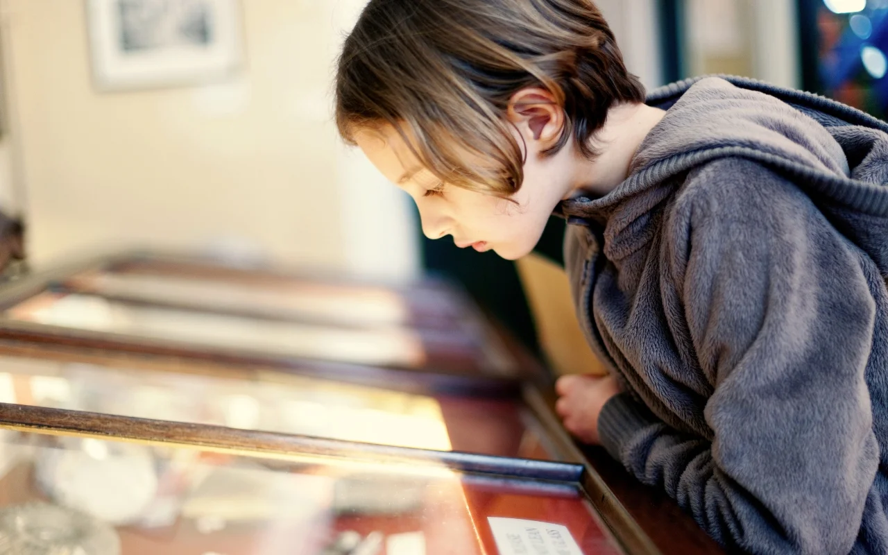 A young child with shoulder-length brown hair is intently looking at items displayed in a glass case at a museum or exhibit. The child is wearing a brown hoodie and appears to be deeply focused on the display. The surroundings are softly lit.
