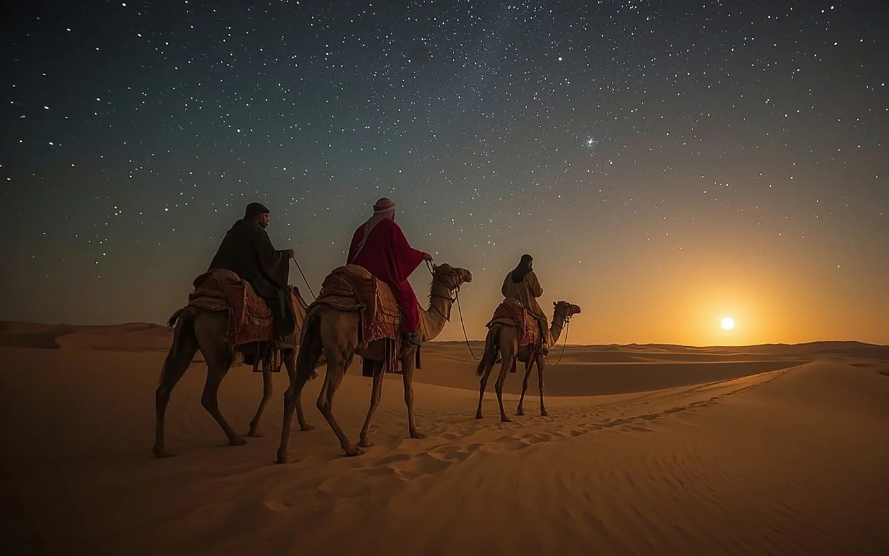 Three people ride camels across sandy desert dunes at night, guided by the Christmas Star on the horizon, with a clear, star-filled sky above them.