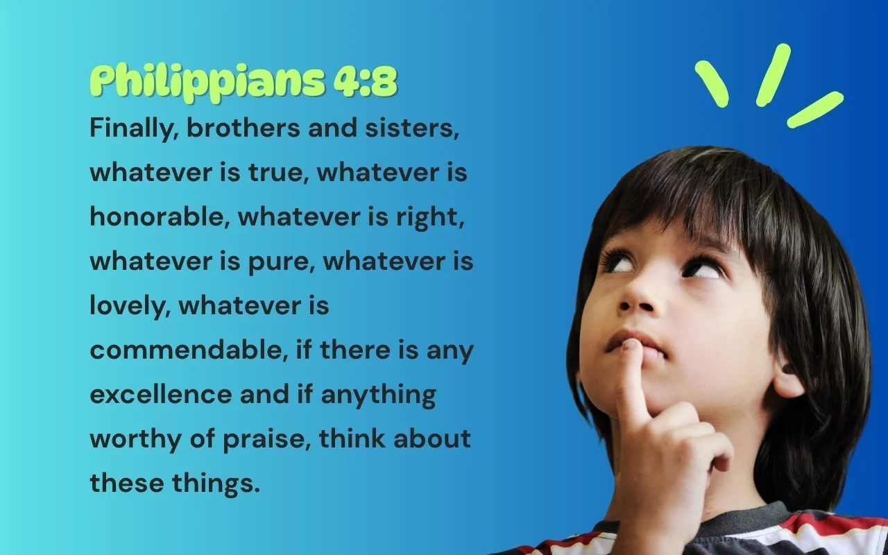 A young boy looks up thoughtfully with his finger on his chin. To his left, a Bible verse from Philippians 4:8 encourages focusing on what is true and praiseworthy—offering gentle guidance for positive mental health and to retrain your brain.