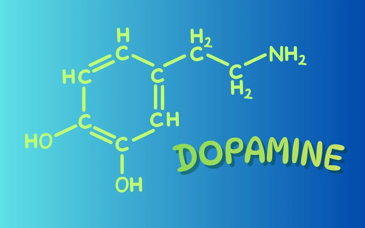 A diagram of the dopamine molecule’s chemical structure, labeled with atoms and bonds, appears above the words "DOPAMINE" and "Retrain Your Brain" in large green letters on a blue gradient background.
