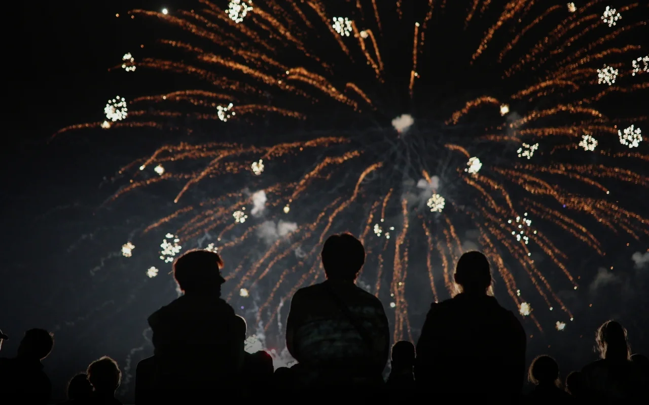 Silhouettes of people watch large, colorful fireworks exploding in the night sky as bright bursts illuminate the darkness—an awe-inspiring display that sparks curious kids to wonder about the science of fireworks.