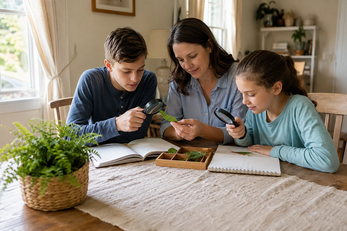 Illustrative homeschool scene: a mother and two children studying leaves.